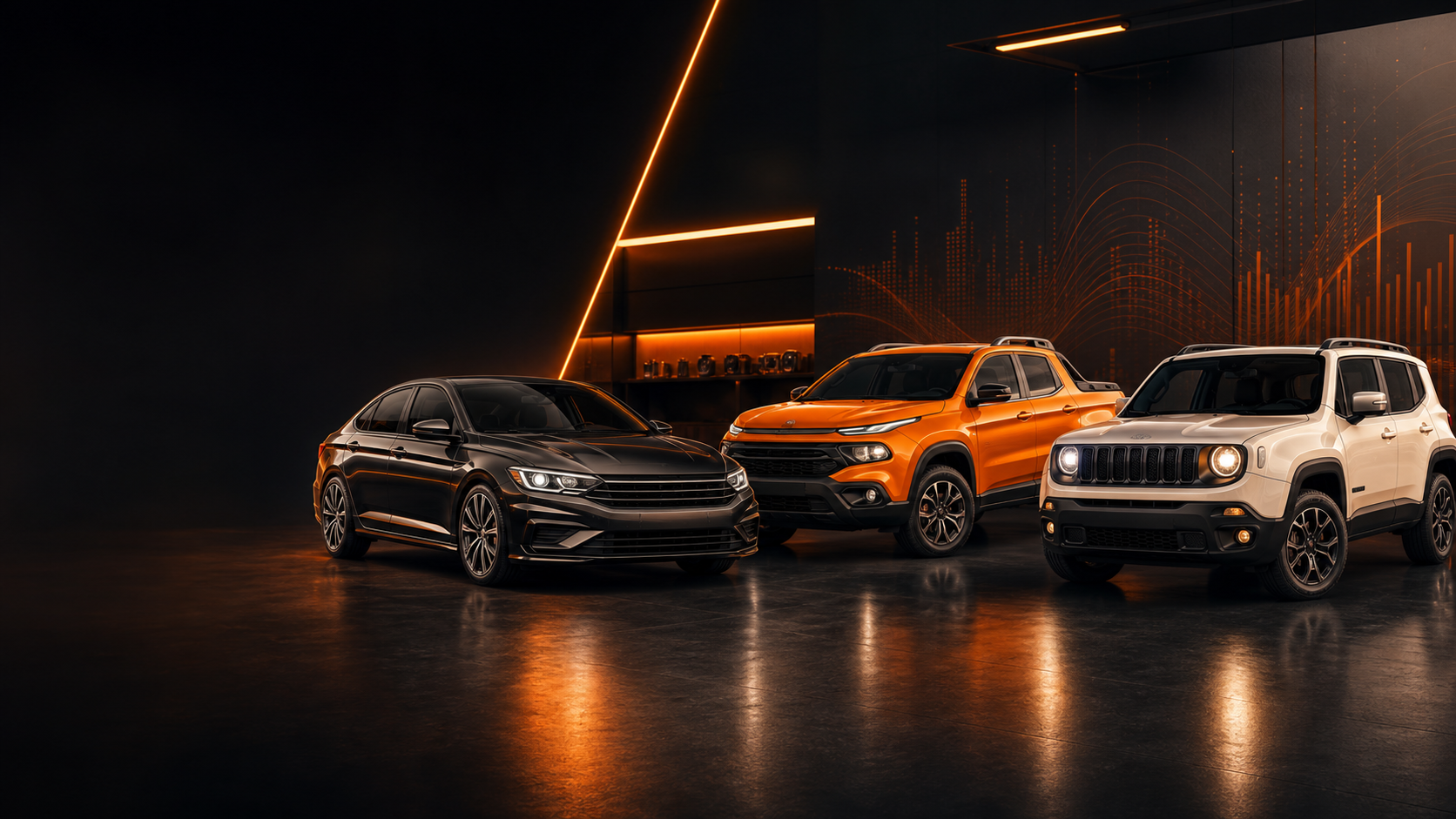 Sedã, picape e SUV em uma oficina automotiva moderna